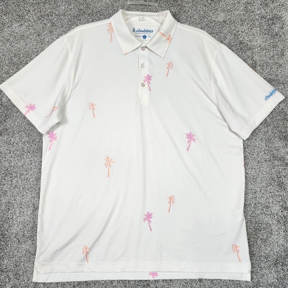 Chubbies Polo Shirt Mens Large White Palm Tree Tropical Golf Performance Stretch
